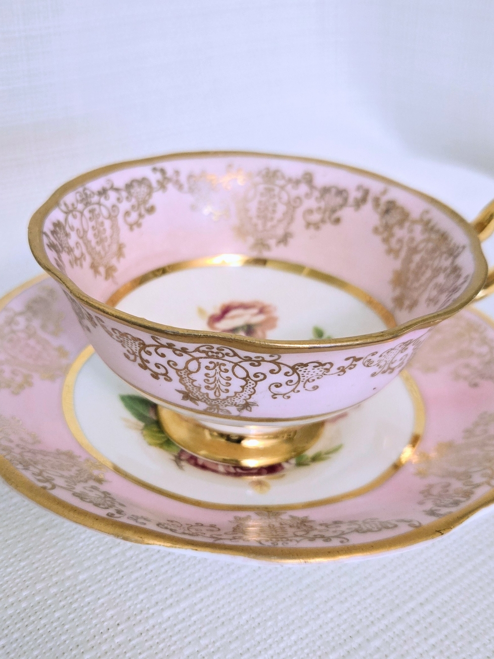 Vtg Woodlands Cabbage Rose Teacup Saucer Pink Gold English Bone China